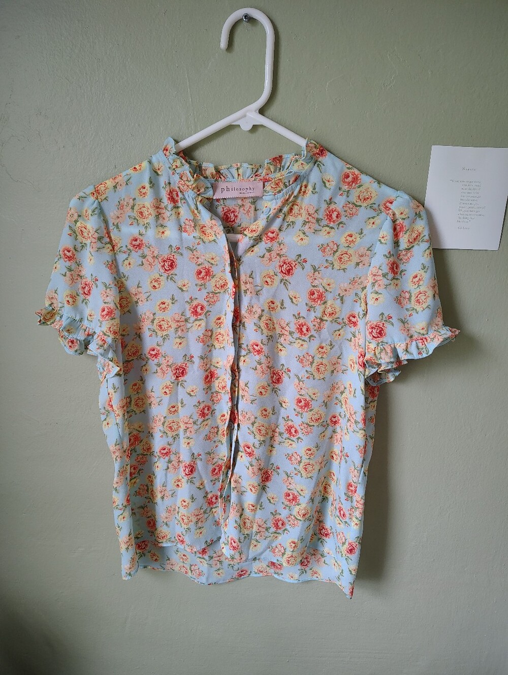 ☀️5/$25☀️ Philosophy Women's XS Pastel Blue Floral Button-up Short-sleeve Blouse